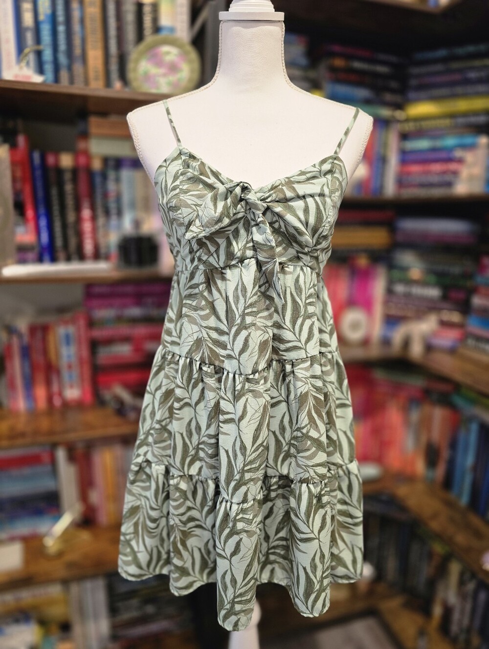 Trixxi Sage Leaf Tie-Front Tiered Sundress